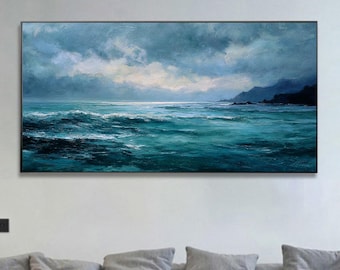 Ocean Waves Oil Painting, Teal Seascape Wall Art, Coastal Water Canvas Art, Dramatic Cloudy Sky Home Decor