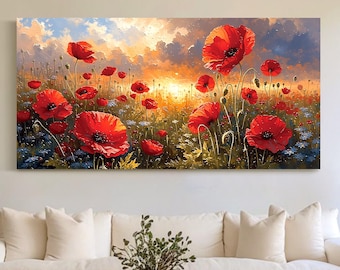 Vibrant Red Poppies Oil Painting, Textured Floral Sunset Wall Art, Blooming Nature Meadow Canvas Art, Beautiful Spring Sunrise Home Decor