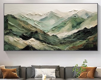 Dipinto a olio originale di paesaggio montano astratto, arte murale con colline verdi strutturate, decorazione moderna su tela con natura, grande opera d'arte di montagna in impasto