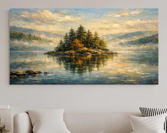 Serene Island Lake Oil Painting, Misty Mountain Forest Wall Art, Rustic Autumn Scenery Home Decor, Tranquil Water Canvas Art