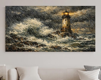 Fierce Storm Lighthouse Oil Painting, Heavy Rain Seascape Wall Art, Dark Nautical Ocean Home Decor, Crashing Water Waves Canvas Art