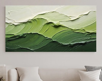 Abstract Green Hill Oil Painting, Thick Texture Impasto Wall Art, Minimalist Nature Wave Canvas Art, Modern Sage Ombre Home Decor
