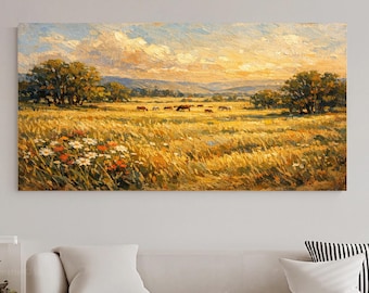 Grazing Cattle Oil Painting, Golden Farm Landscape Wall Art, Rustic Wildflower Canvas Art, Peaceful Countryside Home Decor