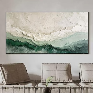 Large Original Green Beach Oil Painting, Abstract Ocean Seascape Canvas Art, Modern Sea Wave Home Decor, Custom Impasto Textured Wall Art