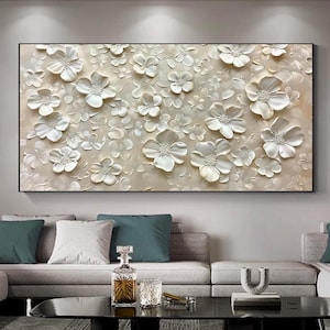 Hand-painted White Flower Oil Painting, Abstract Blossom Canvas Art, Impasto Textured Wall Art, Original Floral Painting, Living Room Decor