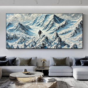 Large Abstract Climbing Oil Painting, Snow Mountain Canvas Art, Original Mountaineering Art, Impasto Textured Wall Art  Living Room Decor