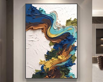 Abstract olieverfschilderij met zware textuur, vloeiende blauwgroene muurdecoratie, modern dik impasto canvas schilderij, eigentijdse minimalistische woondecoratie