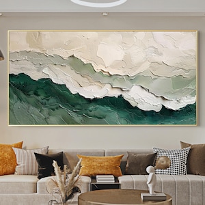 Abstract Green Beach Oil Painting, Coastal Inspired Wall Decor, Lagre Textured Wall Art, Modern Seascape Canvas Painting, Living Room Decor