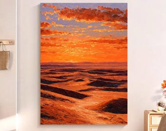 Vibrant Desert Sunset Oil Painting, Thick Impasto Nature Wall Art, Warm Orange Horizon Canvas Art, Modern Boho Scenery Home Decor