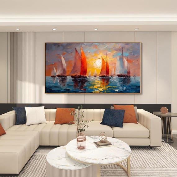 Sunset Sailboats Painting, Colorful Seascape Canvas Art, Modern Nautical Ocean Wall Art, Palette Knife Painting, Coastal Living Room Decor
