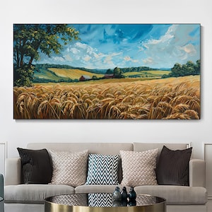 Peinture à l&#39;huile originale de champs ruraux, toile abstraite de paysages naturels, grand tableau mural, décoration murale de terres agricoles, décoration de salon moderne