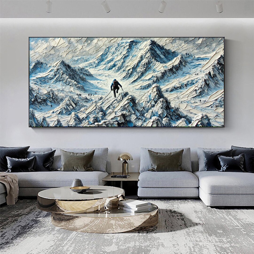 Large Abstract Climbing Oil Painting, Snow Mountain Canvas Art ...