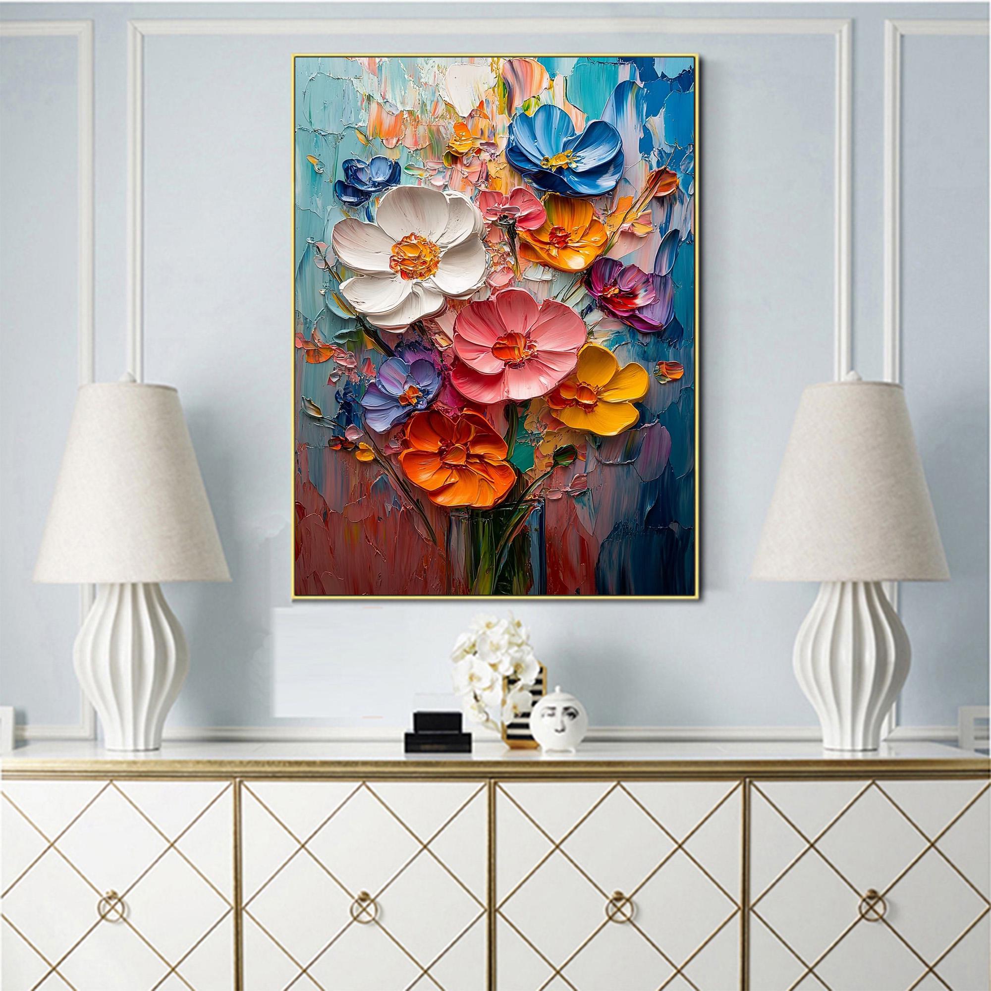 Unique Colorful Floral Oil Painting on Canvas, Abstract Textured Modern ...