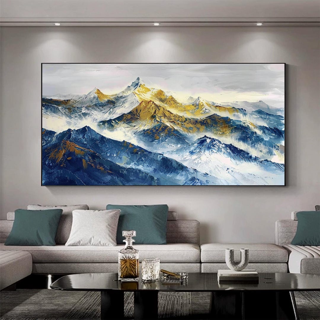 Large Golden Mountain Oil Painting, Abstract Nature Canvas Art, Impasto ...