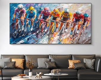 Peinture à l'huile originale représentant une course cycliste, décoration murale abstraite sur le thème du sport, toile artistique sur le cyclisme, art mural texturé, un cadeau pour les passionnés de sport
