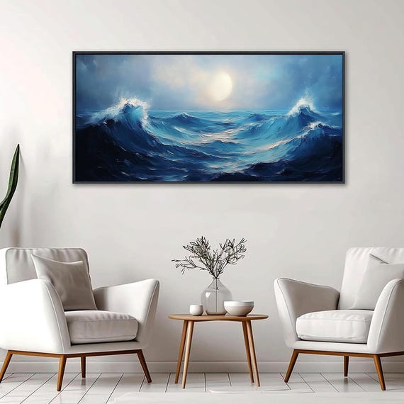 Large Textured Seascape Oil Painting, Abstract Blue Ocean Wave