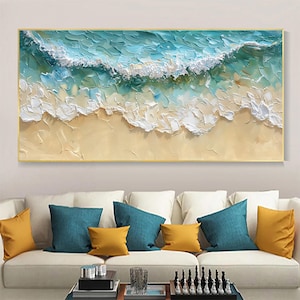 Handmade Green Beach Oil Painting, Abstract Seascape Canvas Art, Large 3D Textured Wall Art, Original Wave Painting, Living Room Home Decor