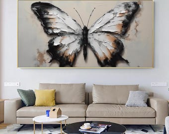 Dipinto a olio di farfalle in bianco e nero, arte con spatola testurizzata, tela moderna minimalista con insetti, grande arte murale, arredamento contemporaneo per la casa