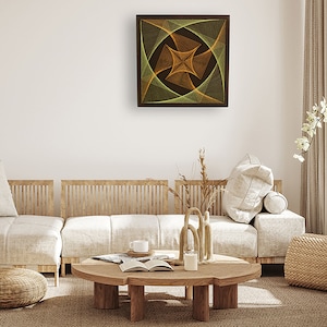 Könnte beinhalten: Ein gerahmtes geometrisches Kunstwerk mit braunem Hintergrund und gelber und grüner String-Art-Gestaltung.