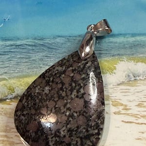 May include: A polished, teardrop-shaped pendant with a speckled, dark gray and brown stone. The pendant has a silver-colored bail for attaching to a chain. The background shows a beach scene with seagulls and ocean waves.