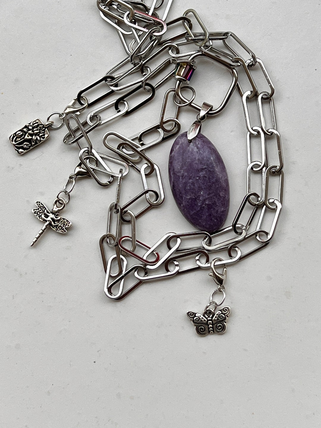 NEW Paper Clip Charm Necklace With Lepidolite Gemstone Pendant