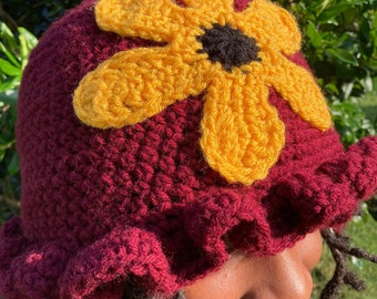 Crochet Bucket Hat with a Flower, Ruffle Bucket Hat, Crochet Hats for Women