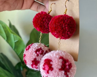 Limited Edition | Large Red Camo and Pink Leopard Print Statement Pom Pom Earrings| 2 Tier Earrings | Pink and Red Pom Pom earrings