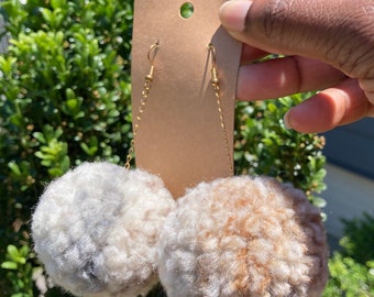 Big Neutral Beige Cream Pom Pom earrings | Soft Wool Earrings