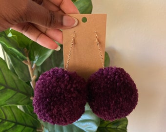 Big Grape Purple and Gold dangle Pom Pom earrings | Grape Earrings