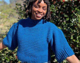 Blue Crochet Short Sleeve T-Shirt Sweater | 3/4 Mockneck Crochet Sweater | Ribbed Sweater | Pull Over | Made to Order