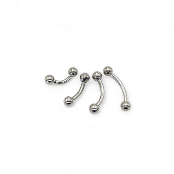 Titanium curved barbell, 1.6mm/14g x 6m-12mm, externally threaded with with 4mm threaded balls. Sold singly.