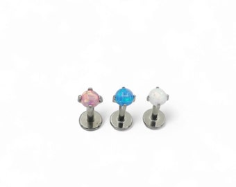 Titanium labret stud, push fit threadless stud set w/ 3mm synthetic opals for 1mm/18g or 1.2mm/16g w/ 6, 7 or 8mm long stud. Sold singly.