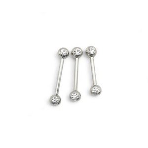 Surgical steel barbell jewelled nipple bar for 1.6mm/14g x 12mm, 14mm and 16mm piercings. Sold singly, not as a pair.