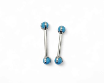 Titanium internally threaded barbell w/ claw set turquoise gem balls for 1.6mm/14g by 12, 14 and 16mm piercings. Sold singly, not as a pair.