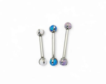 Titanium internally threaded barbell with claw set opal balls for 1.6mm/14g by 12mm, 14mm and 16mm piercings. Sold singly, not as a pair.