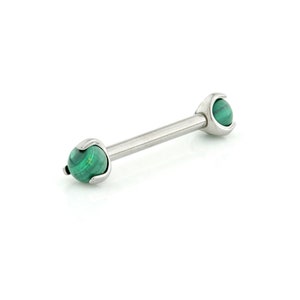 Titanium internally threaded barbell w/ claw set malachite gems for 1.6mm/14g by 12mm, 14mm and 16mm piercings. Sold singly, not as a pair. image 1