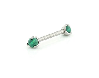 Titanium barbell met interne schroefdraad en malachiet-edelstenen met klauwset voor piercings van 1,6 mm/14 g bij 12 mm, 14 mm en 16 mm. Per stuk verkocht, niet als paar.