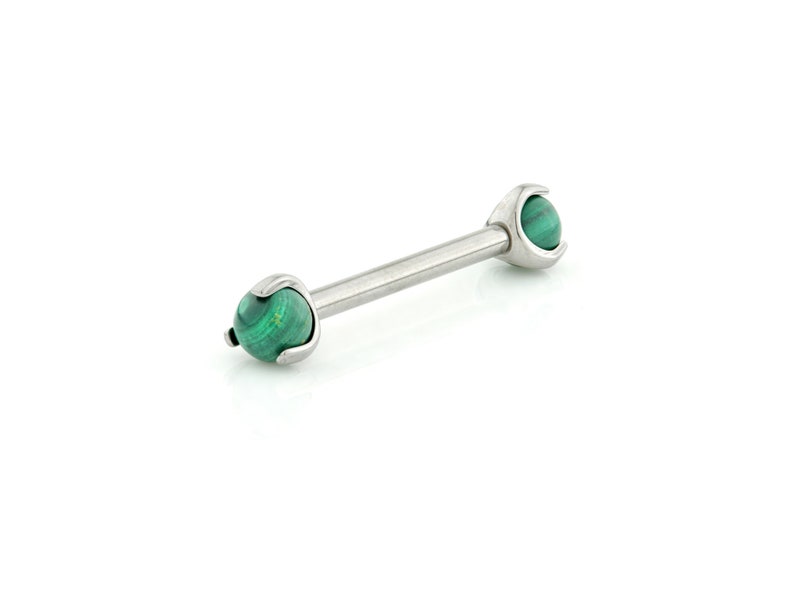 Titanium internally threaded barbell w/ claw set malachite gems for 1.6mm/14g by 12mm, 14mm and 16mm piercings. Sold singly, not as a pair. image 1