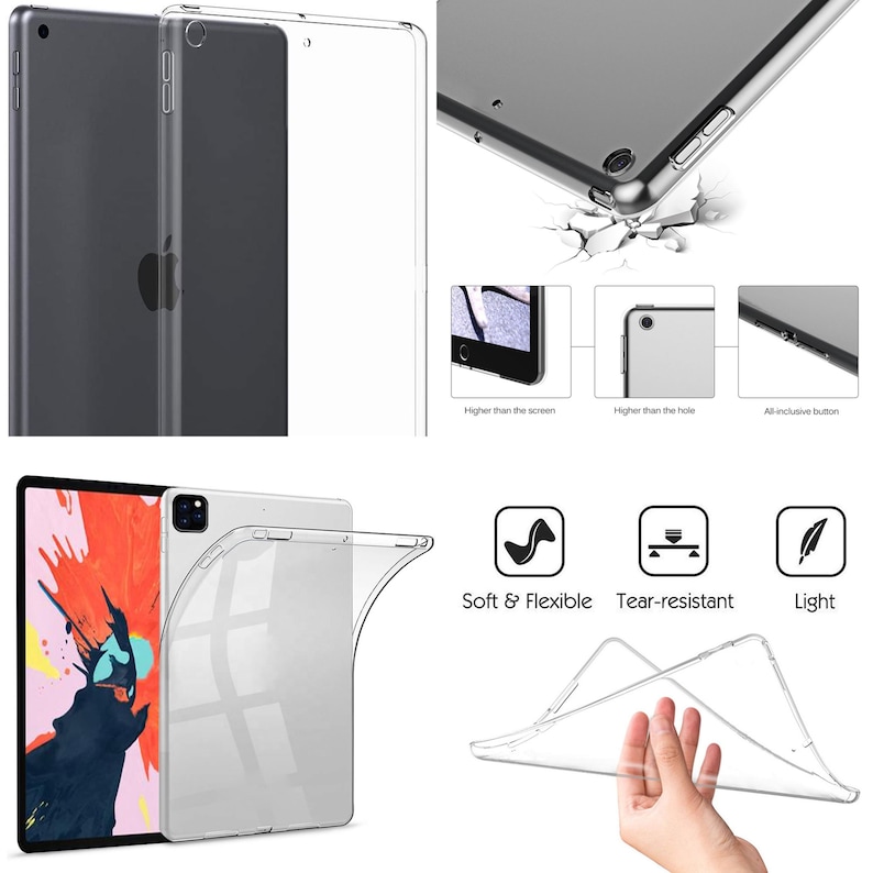 Peut inclure: Une coque transparente et flexible pour iPad. La coque est pr&eacute;sent&eacute;e dans deux positions, l'une avec la coque sur l'iPad et l'autre avec la coque pli&eacute;e pour cr&eacute;er un support. La coque est d&eacute;crite comme &eacute;tant souple, r&eacute;sistante aux d&eacute;chirures et l&eacute;g&egrave;re.