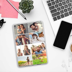 Peut inclure: Une coque de t&eacute;l&eacute;phone transparente avec un collage de photos repr&eacute;sentant une famille, un chien et un enfant. Les photos sont dispos&eacute;es en grille.
