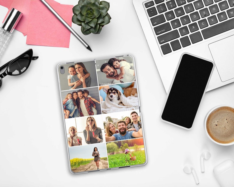 Peut inclure: Une coque de t&eacute;l&eacute;phone transparente avec un collage de photos repr&eacute;sentant une famille, un chien et un enfant. Les photos sont dispos&eacute;es en grille.