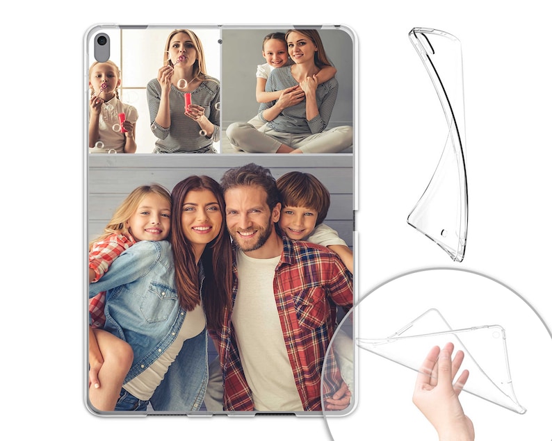 Peut inclure: Une coque de t&eacute;l&eacute;phone transparente avec un collage de photos de famille. Les photos montrent une famille de quatre personnes, dont deux enfants, un homme et une femme. Les photos sont dispos&eacute;es en grille.