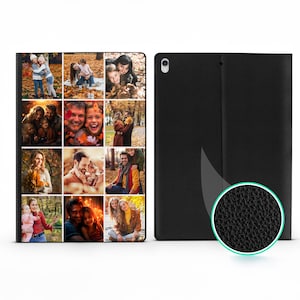 May include: A black tablet case with a collage of photos on the front. The case has a textured, black leather exterior.