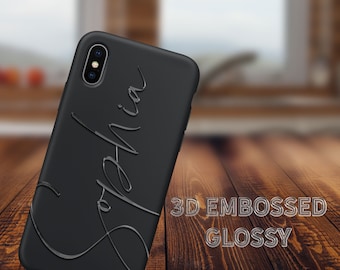 Personalised Gloss Name Silicon Black Matt Phone Case Cover for Apple iPhone Custom Monogram Embossed Gloss Print