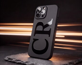 Coque de téléphone personnalisée | Coque en silicone noir mat avec initiales en relief brillantes | Cadeau monogrammé personnalisé pour lui et elle