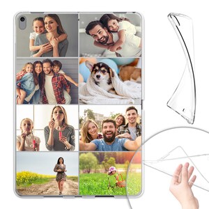 Peut inclure: Une coque de t&eacute;l&eacute;phone transparente avec un collage de photos repr&eacute;sentant une famille, un chien et diverses sc&egrave;nes de plein air.