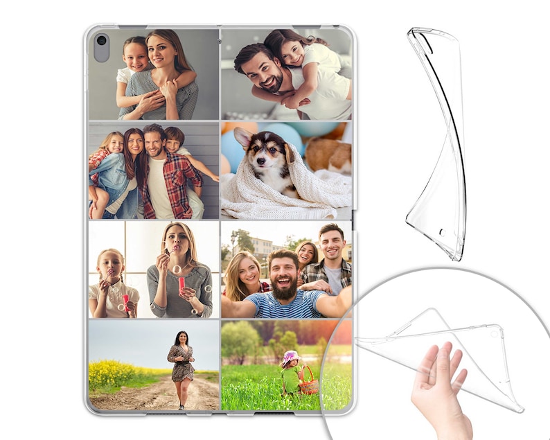 Peut inclure: Une coque de t&eacute;l&eacute;phone transparente avec un collage de photos repr&eacute;sentant une famille, un chien et diverses sc&egrave;nes de plein air.