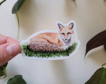 May include: A sticker featuring a watercolor illustration of a red fox lying down in a grassy area.