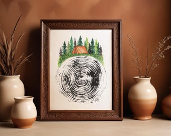 Watercolor Camping Print: Tree Cookie Nature Art, Cabin Decor