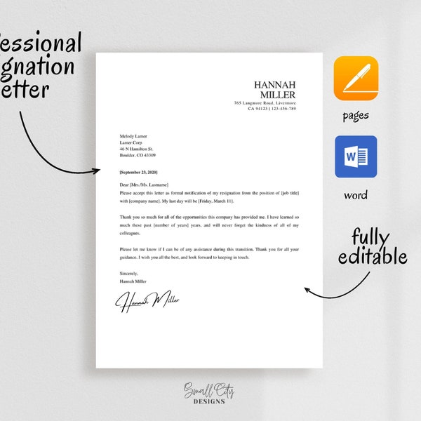 Resignation letter template, Resignation letter, Resignation, Editable resignation letter, Customizable for mac pages and word
